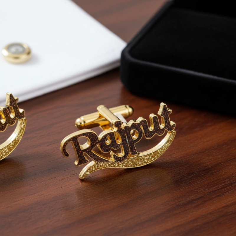 CUSTOMIZE GOLD-FINISHED “RAJPUT” NAME CUFFLINKS.