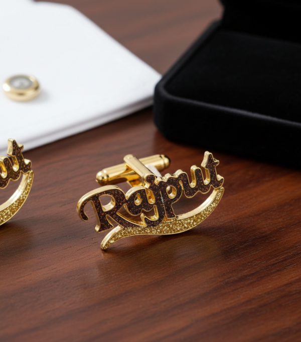 CUSTOMIZE GOLD-FINISHED “RAJPUT” NAME CUFFLINKS.